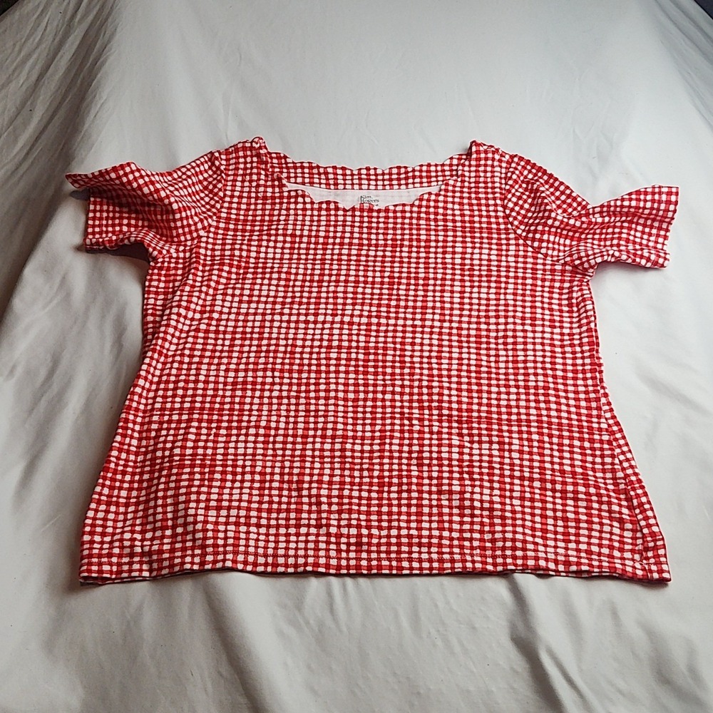 Kim Rogers Gingham Check Flutter Sleeve Top Red White Women's Size Medium